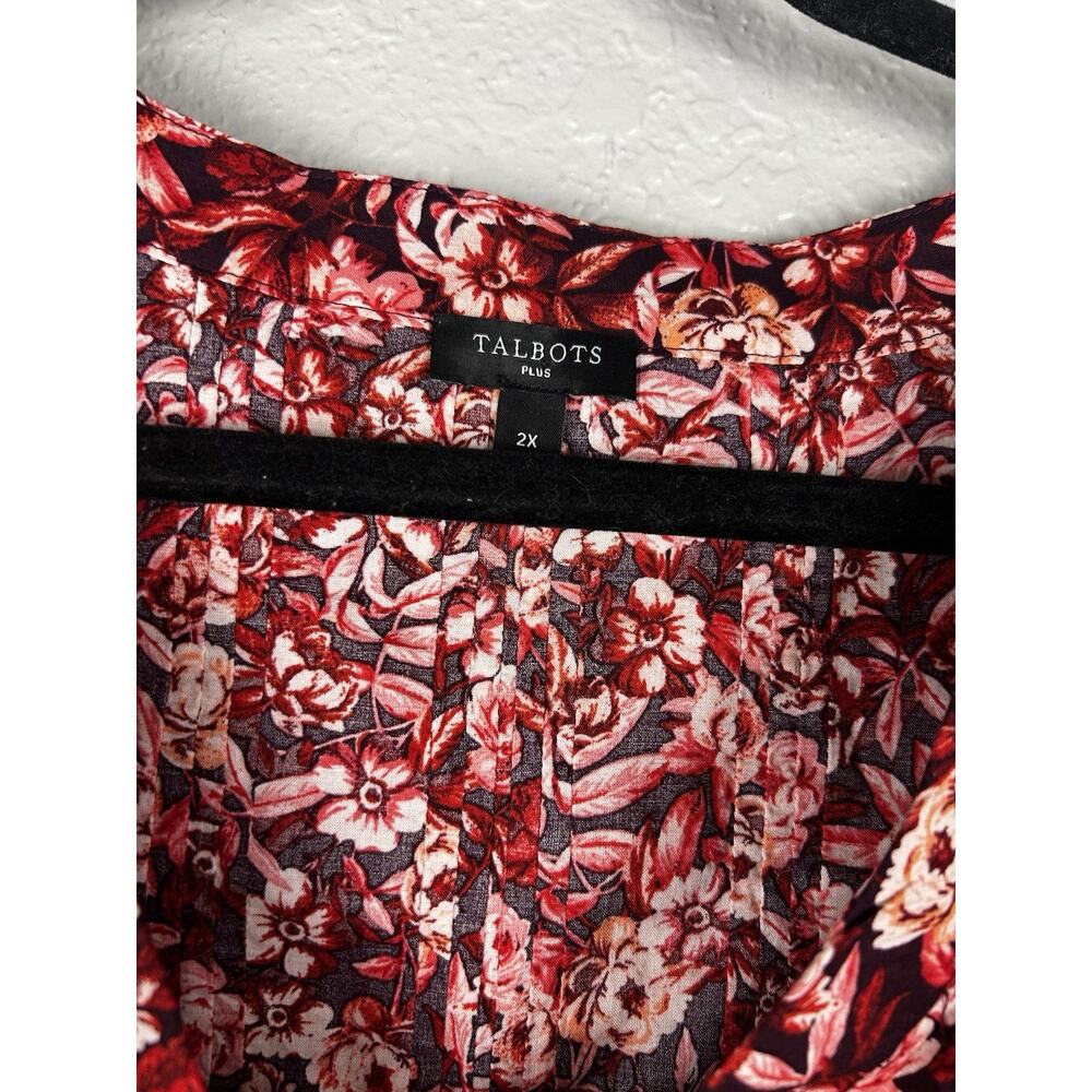 Talbots Cotton Ruffle Tie-Neck Floral Print Long Sleeve Red Pink Blouse Size 2X - Picture 6 of 9
